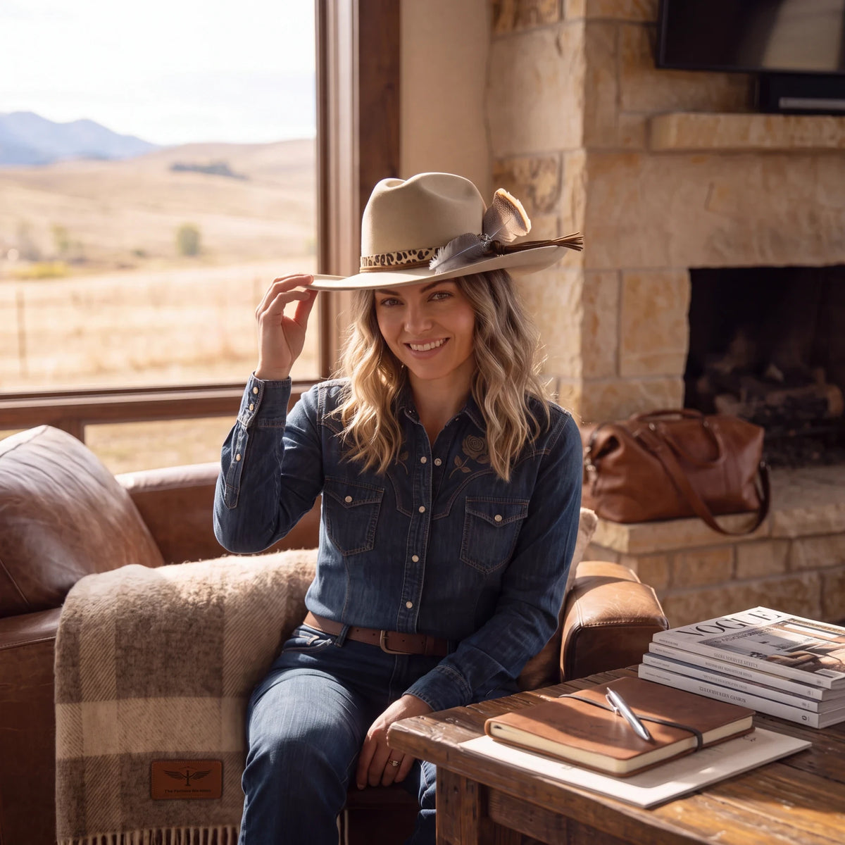 Spirit Warrior Provisions Ocelote sand 6X felt cattleman hat with cheetah leather band and feather on a smiling woman.