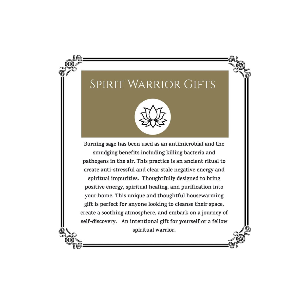 Spirit Warrior Provisions informational card about the spiritual and antimicrobial benefits of sage smudging rituals.