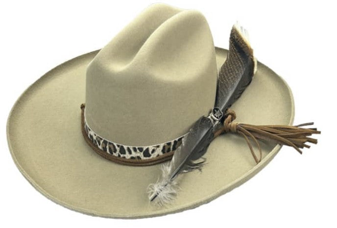 Spirit Warrior Provisions Ocelote sand 6X felt cattleman hat with cheetah leather band and feather accent.