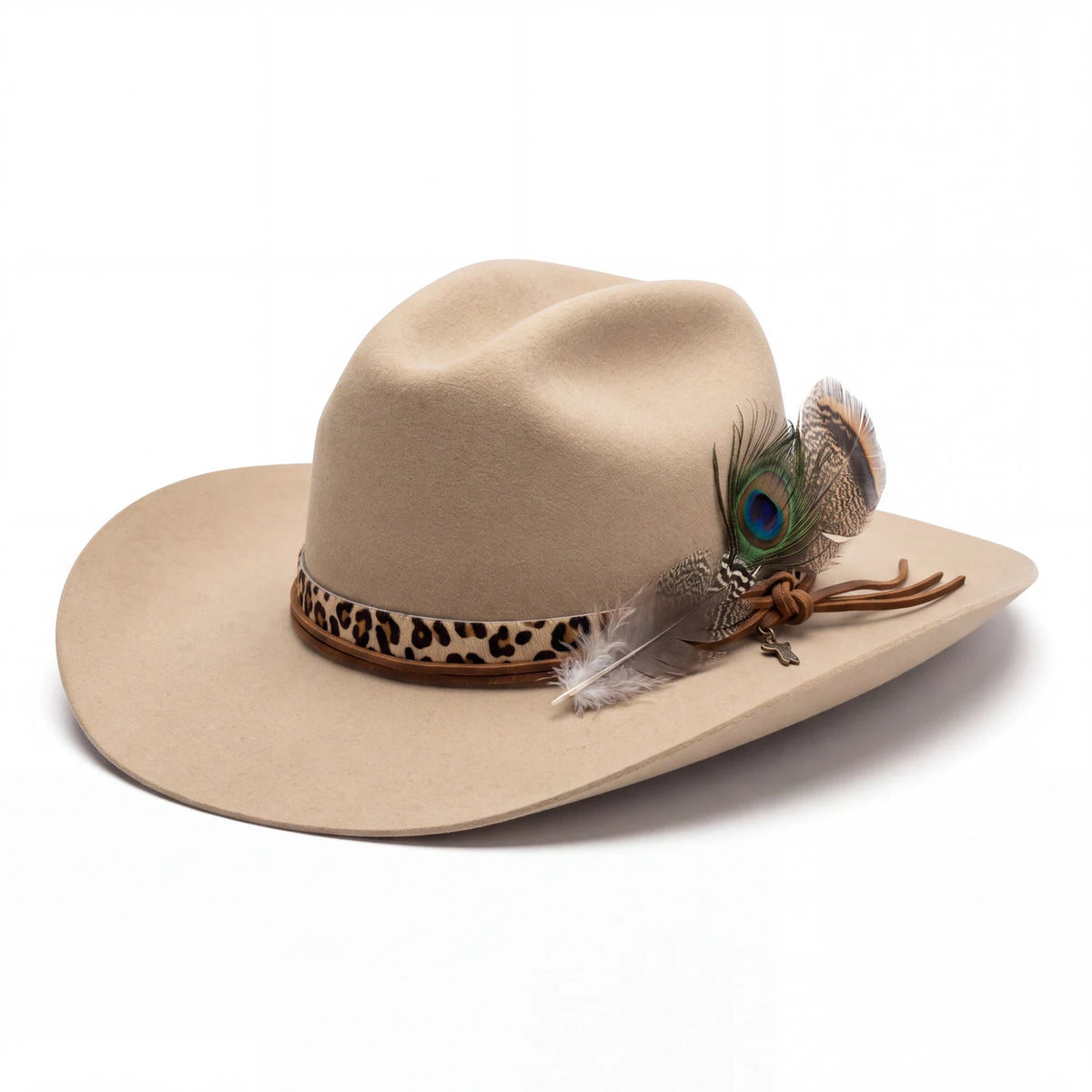 Spirit Warrior Provisions Ocelote sand 6X felt cattleman hat with cheetah print leather and feather accent