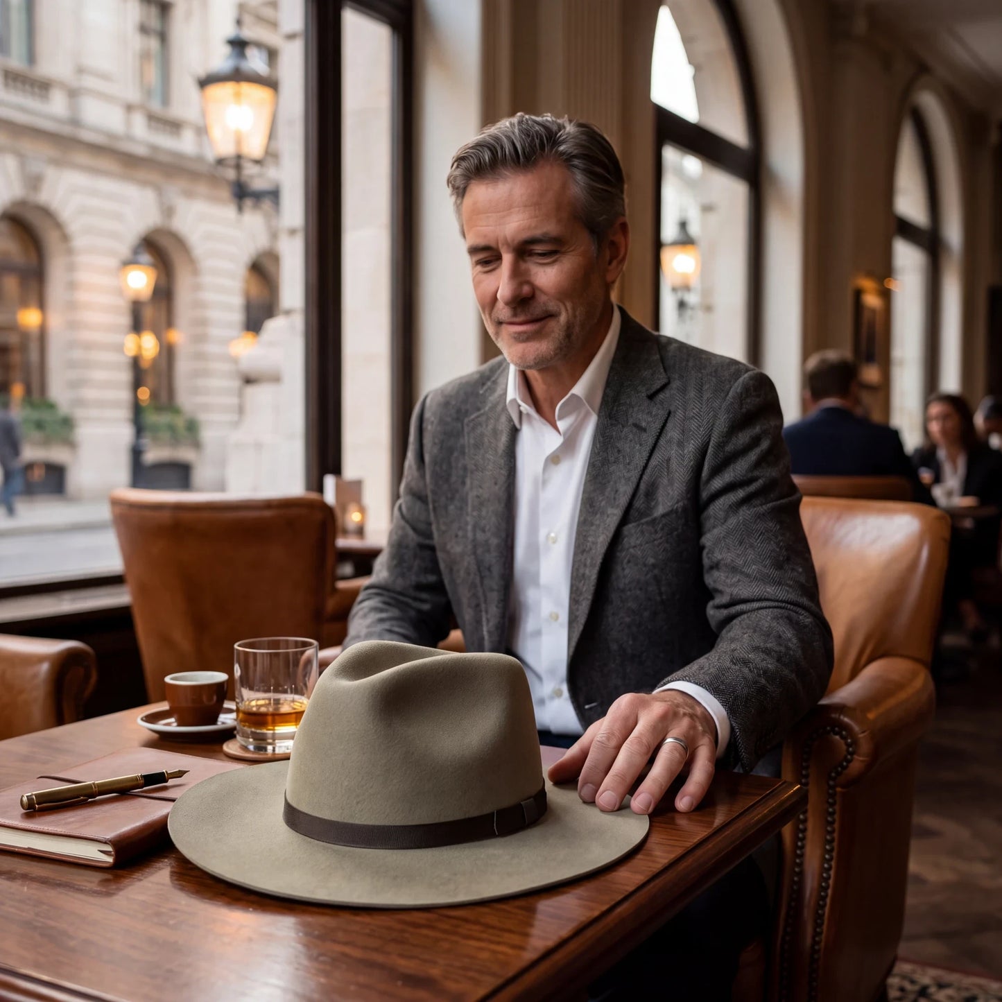 Spirit Warrior Provisions sand felt pinch front cowboy hat with a brown ribbon hatband resting on a wooden cafe table.