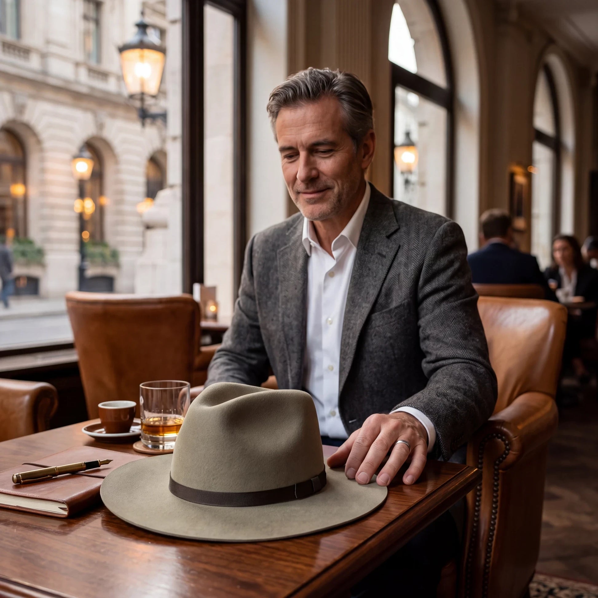 Spirit Warrior Provisions sand felt pinch front cowboy hat with a brown ribbon hatband resting on a wooden cafe table.