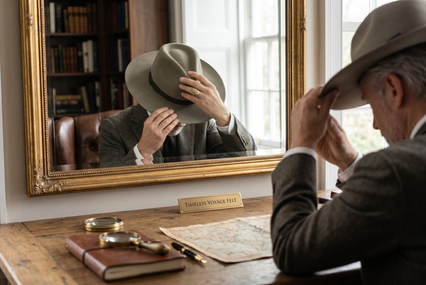 Spirit Warrior Provisions sand felt pinch front cowboy hat with 3-inch brim worn by a man in a vintage study.