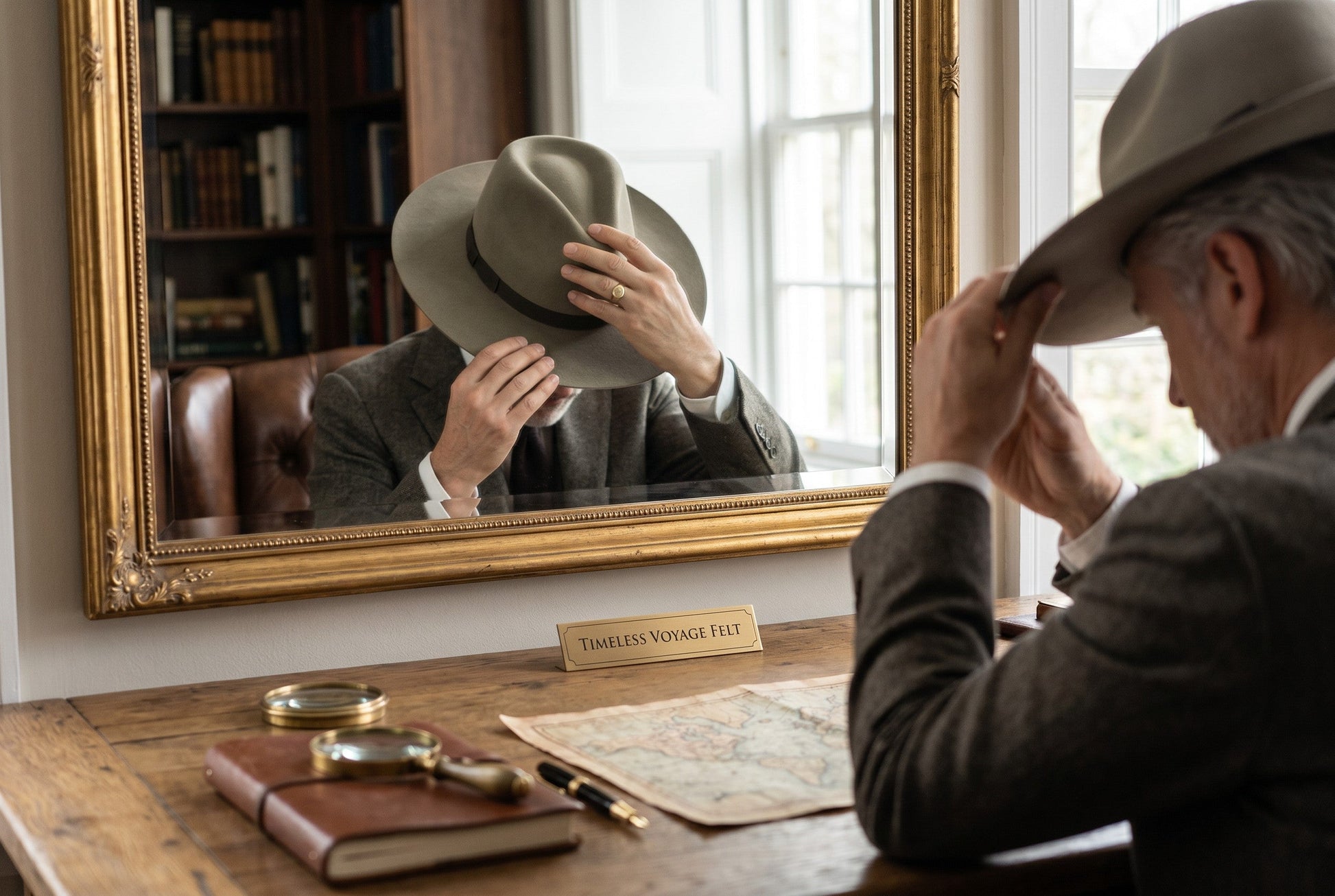 Spirit Warrior Provisions sand felt pinch front cowboy hat with 3-inch brim worn by a man in a vintage study.