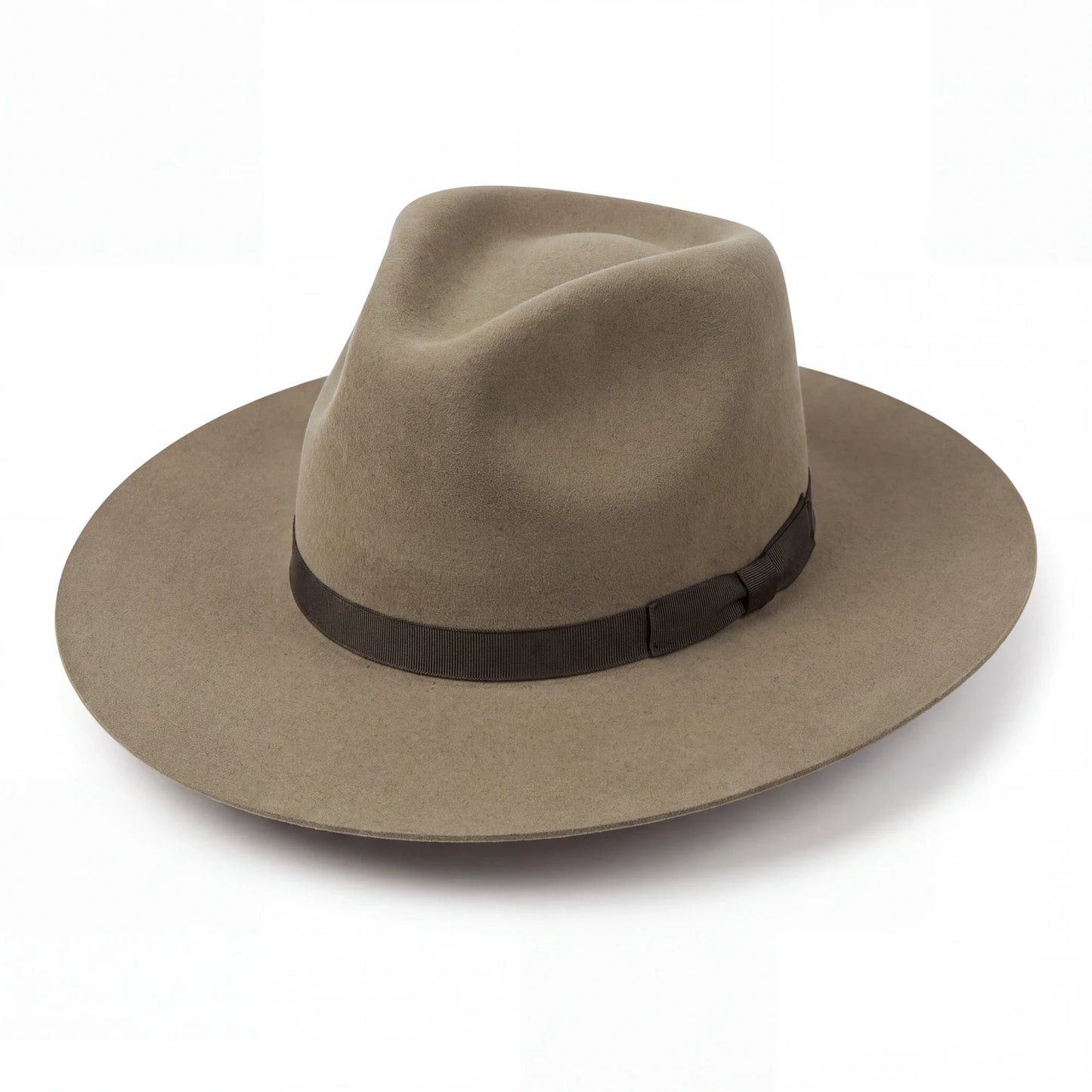Spirit Warrior Provisions sand felt cowboy hat with a structured pinch front crown and brown grosgrain ribbon hatband.