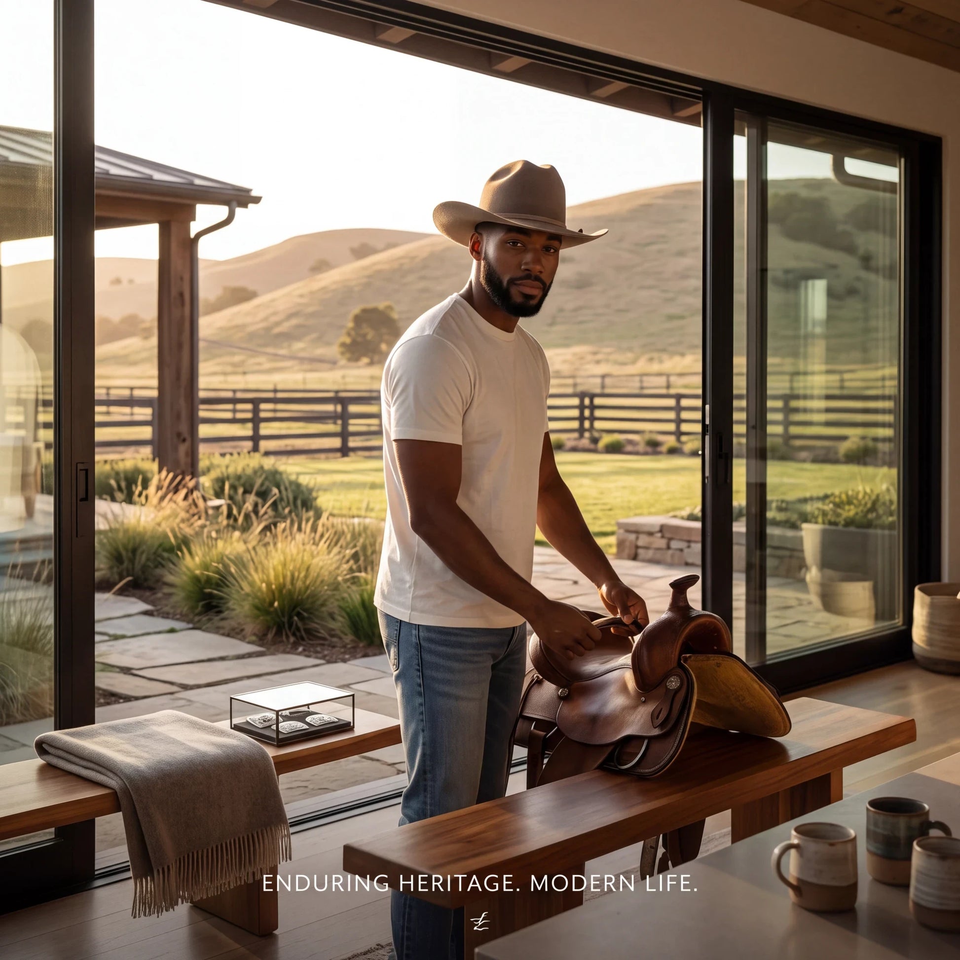 Spirit Warrior Provisions man wearing a sand felt cattleman cowboy hat with a 3-inch brim in a rustic home setting