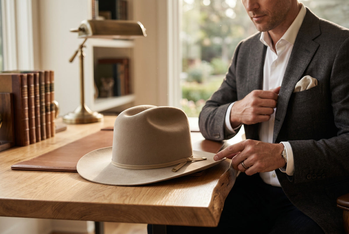 Spirit Warrior Provisions beige felt cattleman cowboy hat with 3-inch brim on a wooden desk next to a man in a blazer