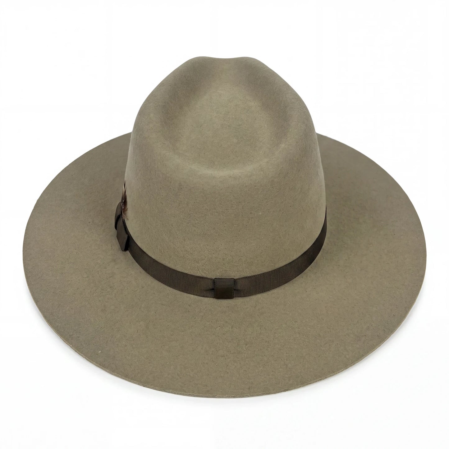 Spirit Warrior Provisions sand felt cowboy hat with a structured pinch front crown and brown grosgrain ribbon hatband.