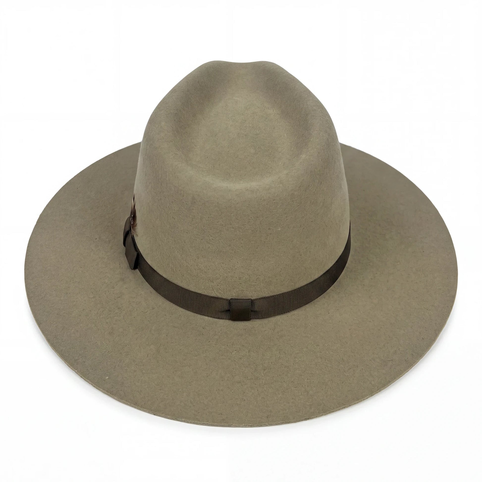 Spirit Warrior Provisions sand felt cowboy hat with a structured pinch front crown and brown grosgrain ribbon hatband.