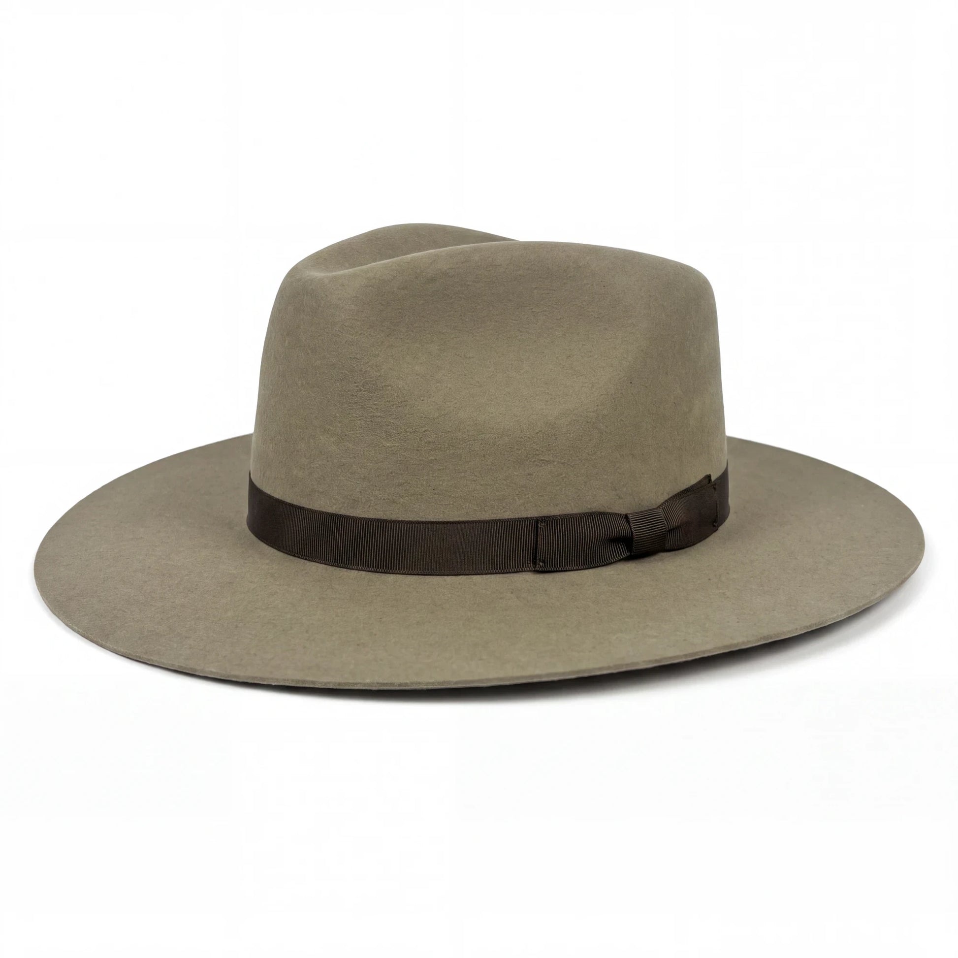 Spirit Warrior Provisions sand felt cowboy hat with a structured pinch front crown and a brown grosgrain ribbon hatband.