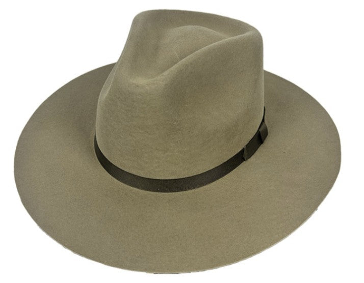 Spirit Warrior Provisions sand felt cowboy hat with a structured pinch front crown and brown grosgrain hatband.
