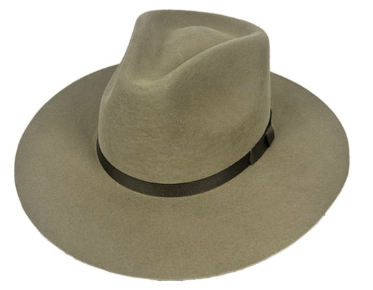 Spirit Warrior Provisions sand felt cowboy hat with a structured pinch front crown and brown grosgrain hatband.