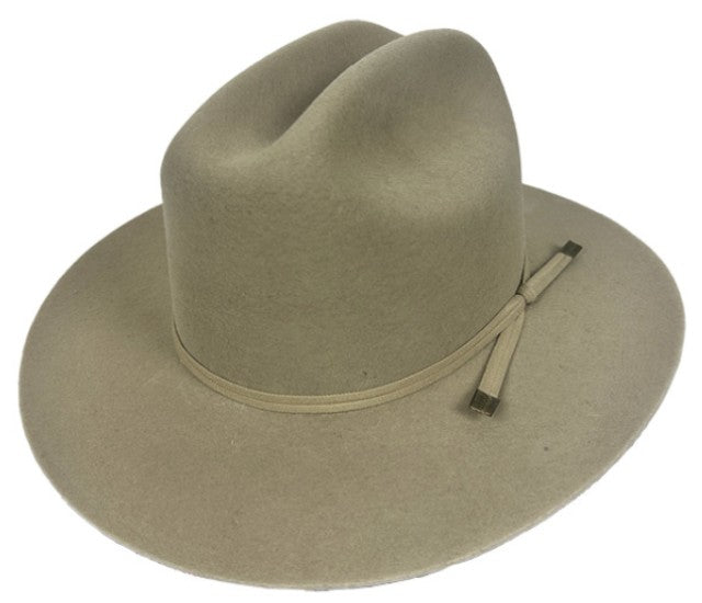 Spirit Warrior Provisions sand felt cattleman cowboy hat with a 3-inch brim and coordinating beige hatband.