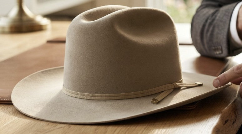 Spirit Warrior Provisions sand felt cattleman cowboy hat with a 3-inch brim and coordinating beige hatband on a desk.