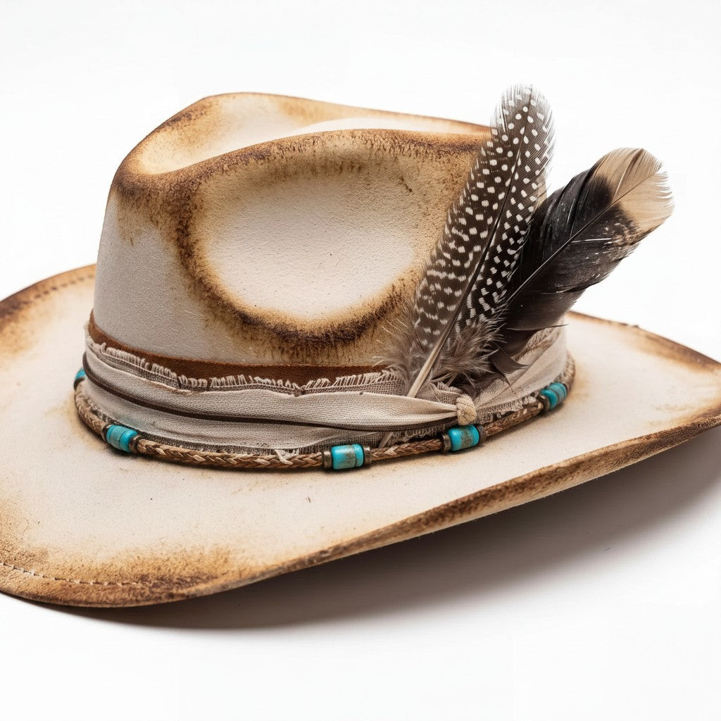 Spirit Warrior Provisions sand felt pinch front hat with weathered finish, feather accents, and turquoise bead band.