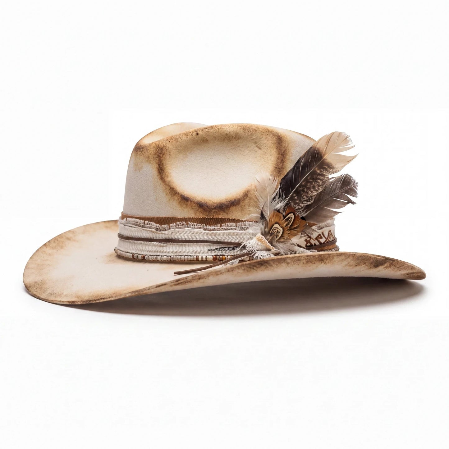 Spirit Warrior Provisions Camino sand felt hat with a weathered finish, pinch front crown, and decorative feather detail.