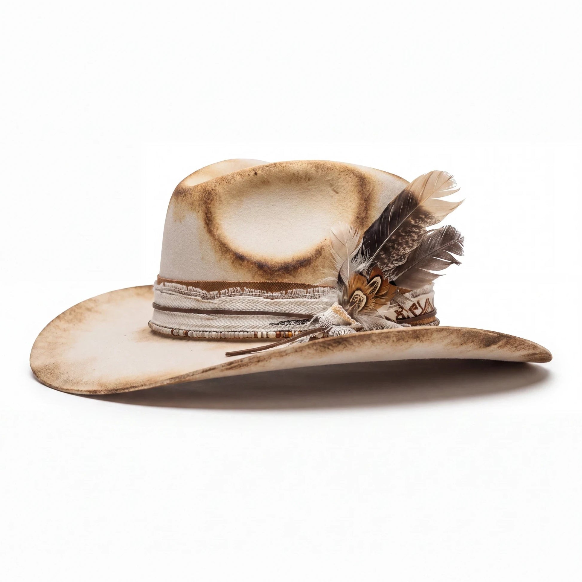 Spirit Warrior Provisions Camino sand felt hat with a weathered finish, pinch front crown, and decorative feather detail.