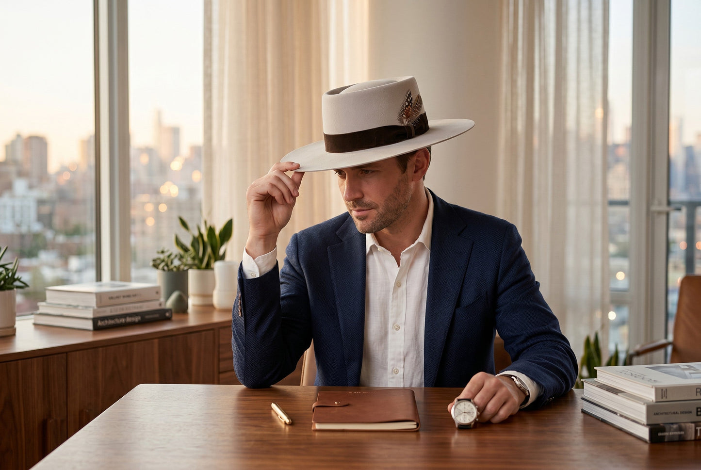 Spirit Warrior Provisions sand gambler hat with flat brim and grosgrain band worn by a man in a blazer at a desk.