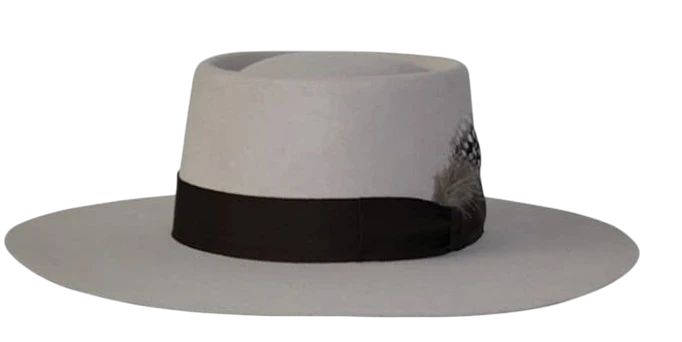 Spirit Warrior Provisions sand gambler flat brim hat with a black grosgrain ribbon and feather detail