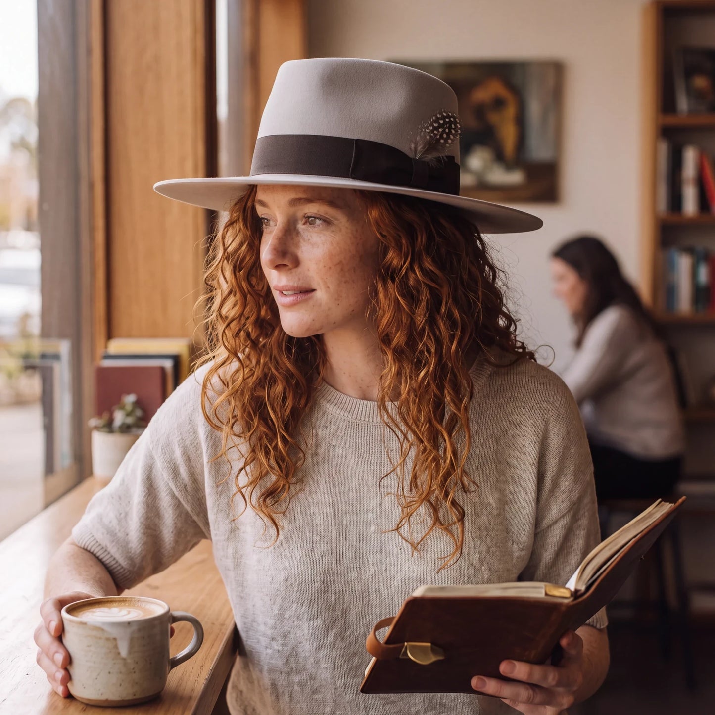 Spirit Warrior Provisions sand gambler hat with flat brim and rose gold paint splatter worn by a woman in a cafe - reshaped version by hatter