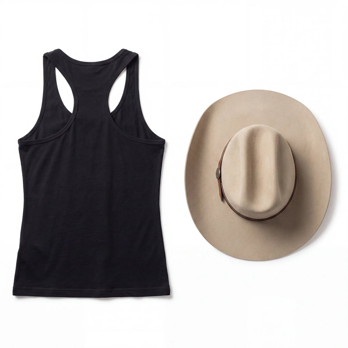 Spirit Warrior Provisions sand Western hat with tooled leather band next to a black racerback tank top