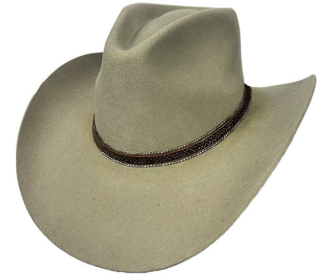 Spirit Warrior Provisions sand Western hat with a pinch front crown and a decorative brown tooled leather hatband.