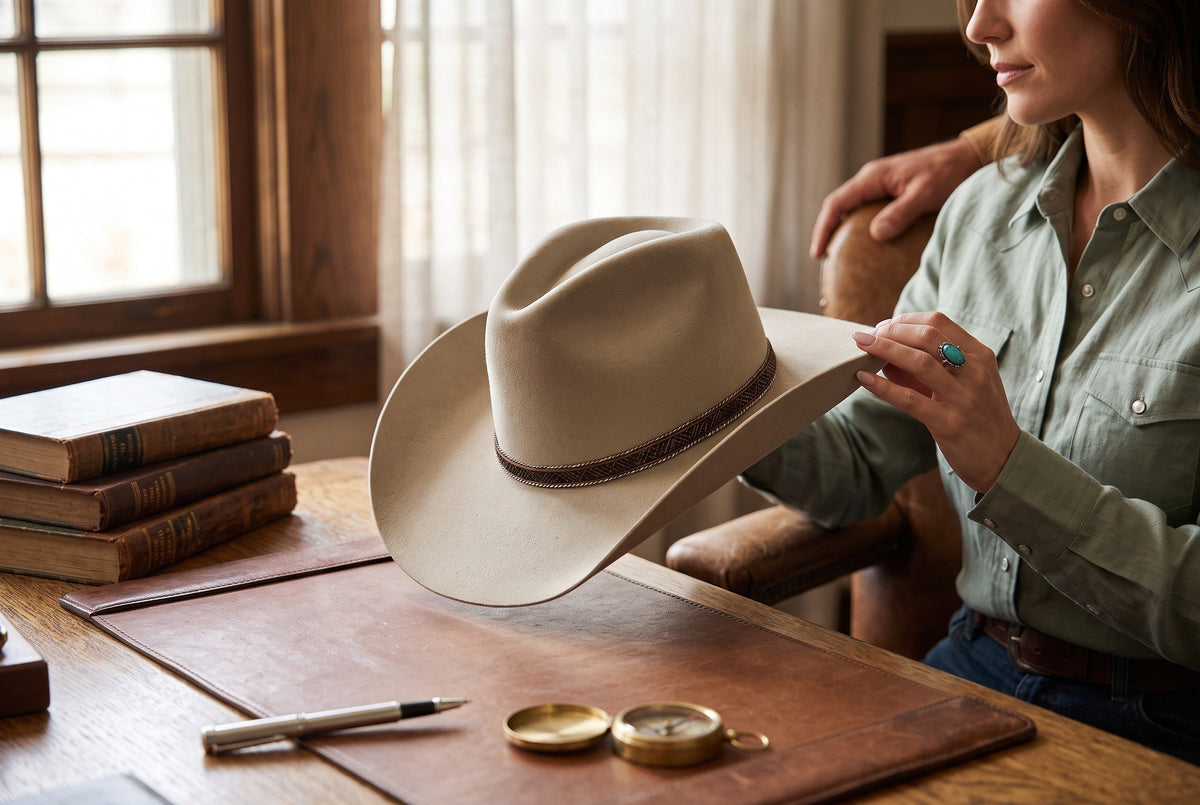 Spirit Warrior Provisions sand Western hat with a tooled leather band held by a woman in a rustic office setting.