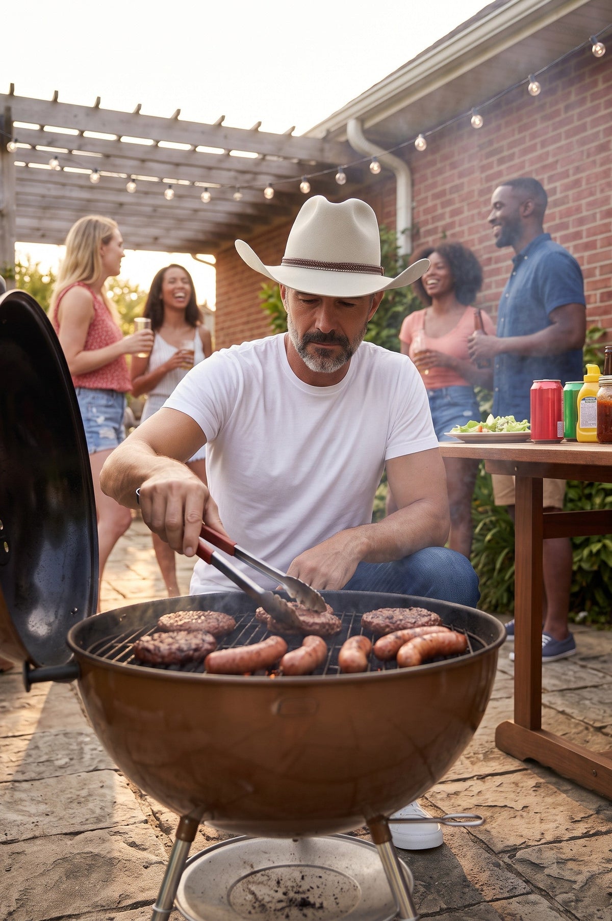 A man wearing a Spirit Warrior Provisions sand Western hat with a tooled leather band while grilling at a backyard party.