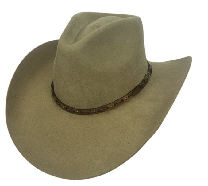 Spirit Warrior Provisions sand Western hat with a pinch front crown and a brown tooled leather hatband.