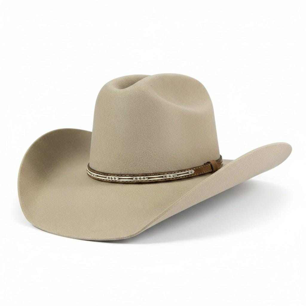 Spirit Warrior Provisions sand 6X wool felt Western hat with a two-tone brown leather hatband and silver conchos.