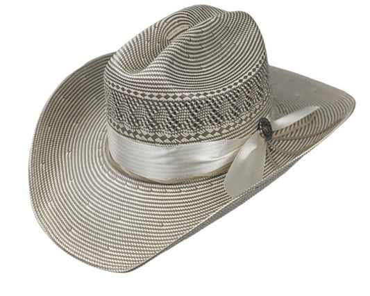 Spirit Warrior Provisions silver Shantung straw Western cowboy hat with a white ribbon band and sunflower concho.