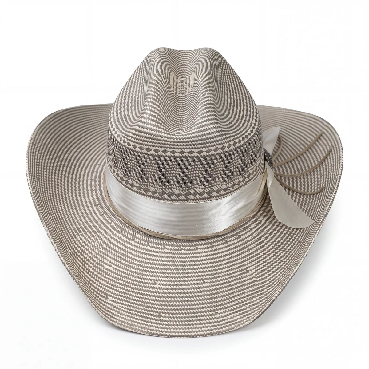 Spirit Warrior Provisions silver Shantung straw cowboy hat with a cattleman crown, white ribbon, and sunflower concho.