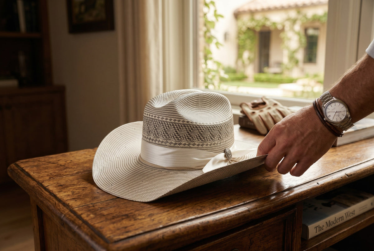 Spirit Warrior Provisions silver Shantung straw Western cowboy hat with white ribbon band and sunflower concho