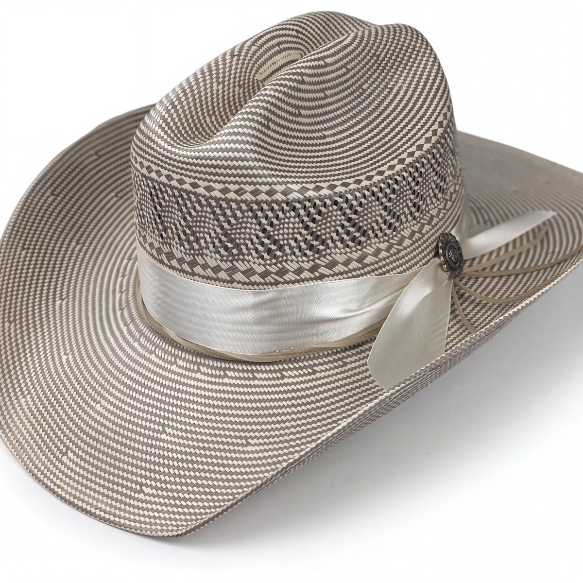 Spirit Warrior Provisions silver Shantung straw Western cowboy hat with a white ribbon band and sunflower concho.