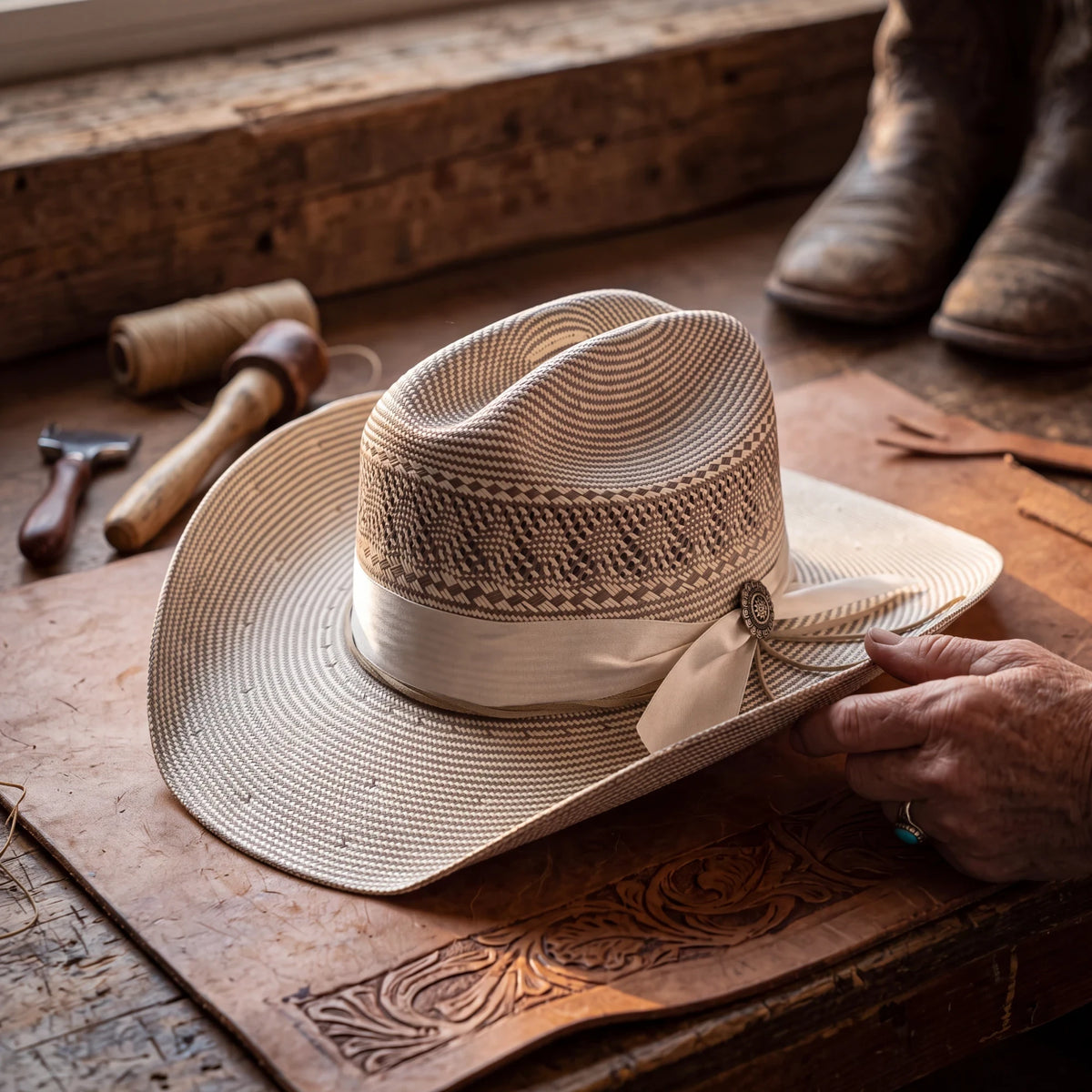 Spirit Warrior Provisions silver Shantung straw cowboy hat with a white ribbon band and sunflower concho on a workbench