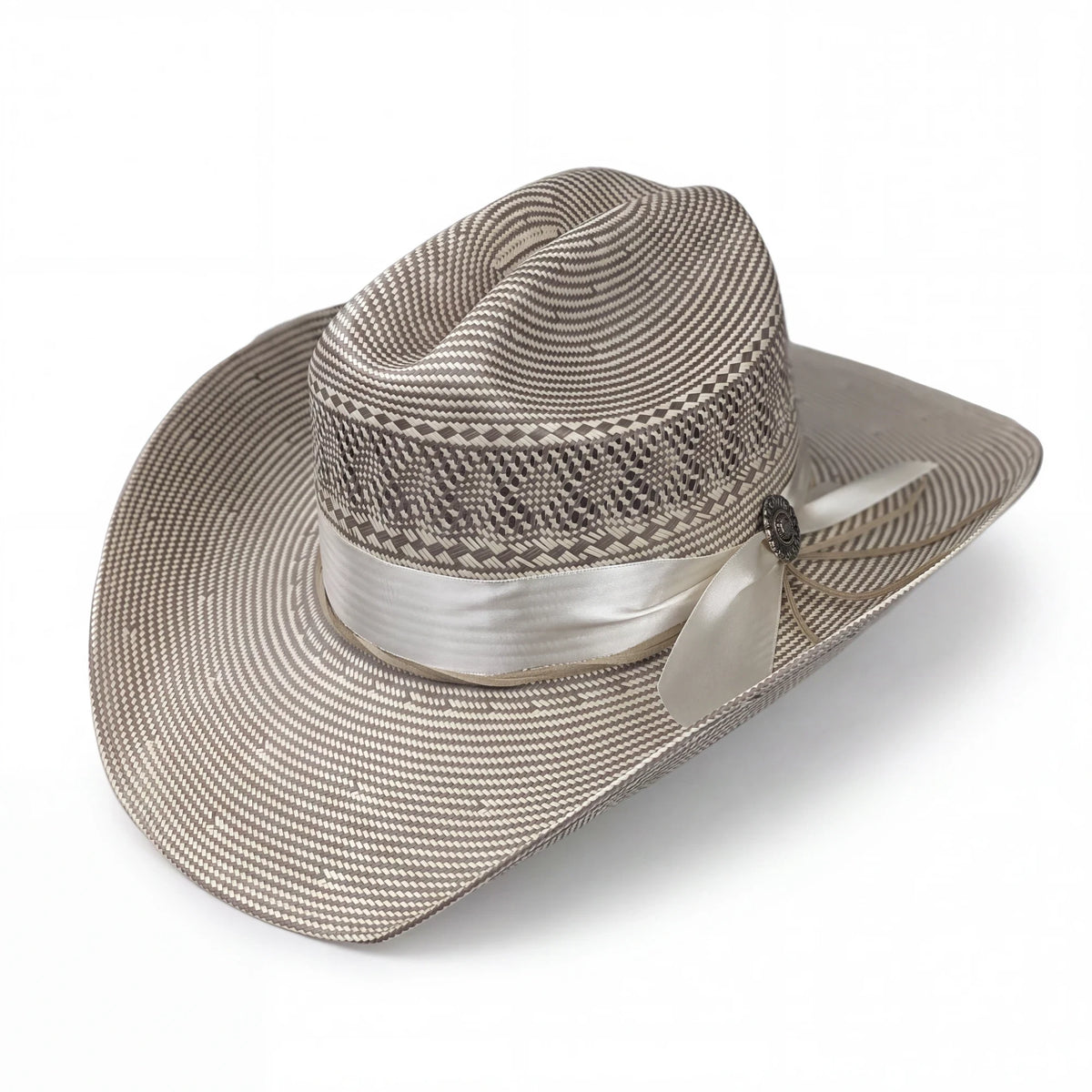 Spirit Warrior Provisions silver Shantung straw cowboy hat with a white ribbon band and sunflower concho detail.