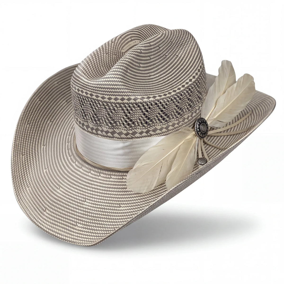 Spirit Warrior Provisions silver Shantung straw cowboy hat with a white ribbon band, sunflower concho, and feathers.