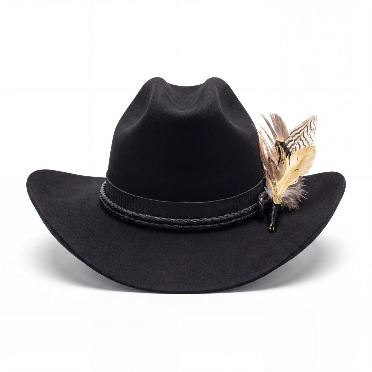 Spirit Warrior Provisions Sombra black felt cattleman hat featuring a braided leather band and decorative feathers.