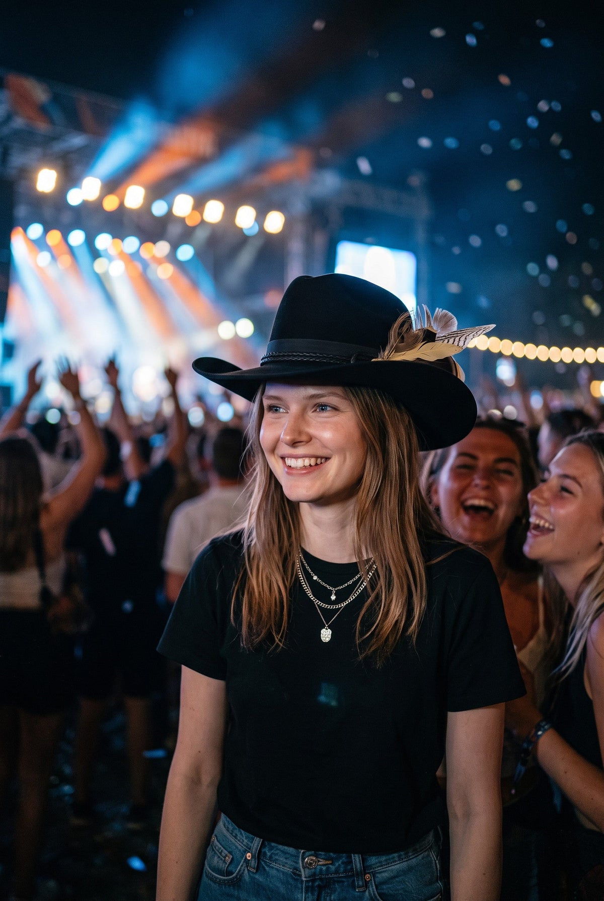 Spirit Warrior Provisions Sombra black cattleman felt hat with braided leather band and feathers worn at a concert