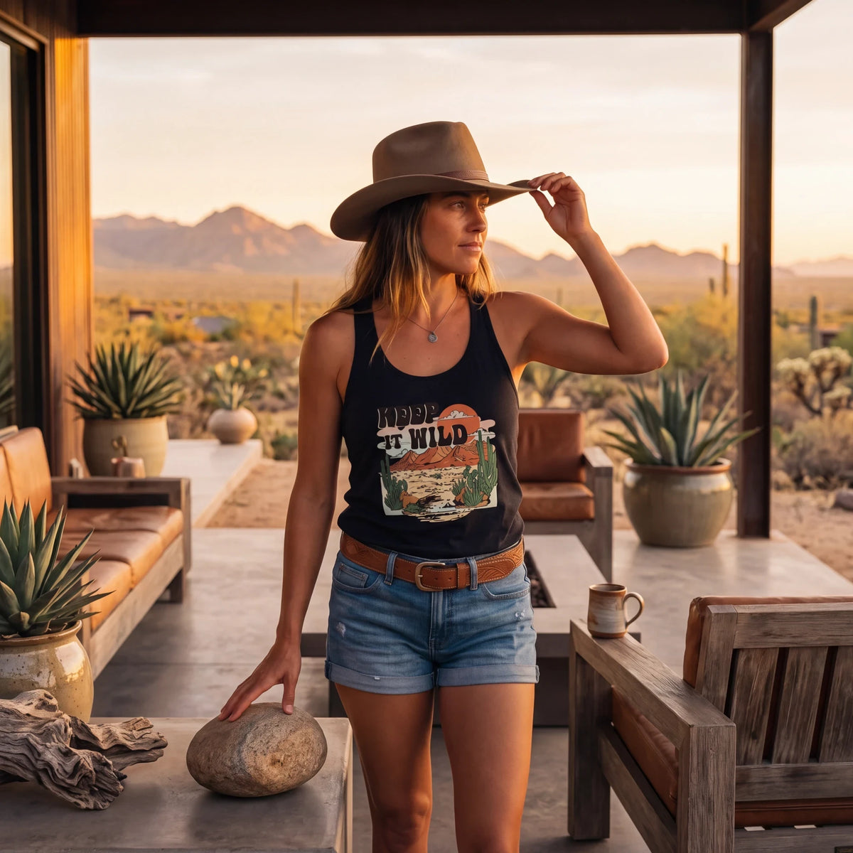 Spirit Warrior Provisions vintage-style black tank top with desert rodeo graphic worn by a woman in a cowboy hat