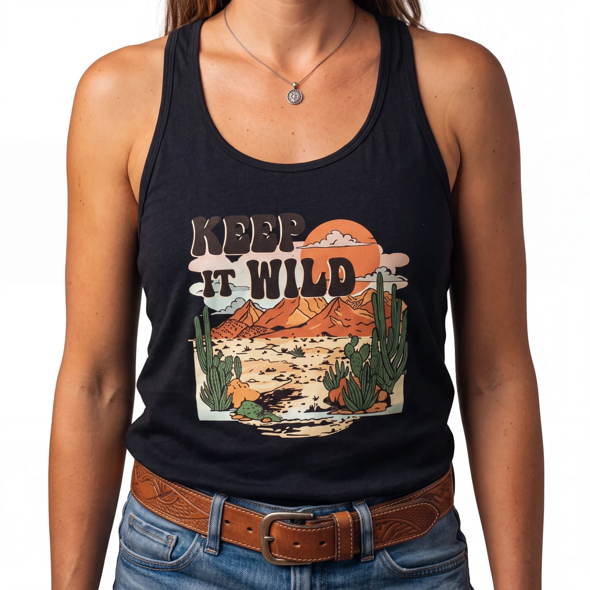 Spirit Warrior Provisions black tank top featuring a vintage Keep It Wild desert rodeo graphic with cacti and mountains