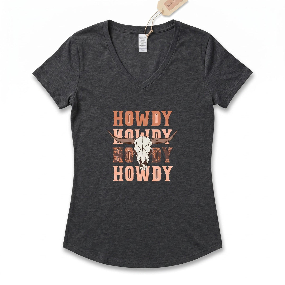 Spirit Warrior Provisions charcoal grey V-neck T-shirt with a rustic Western cow skull and Howdy graphic print
