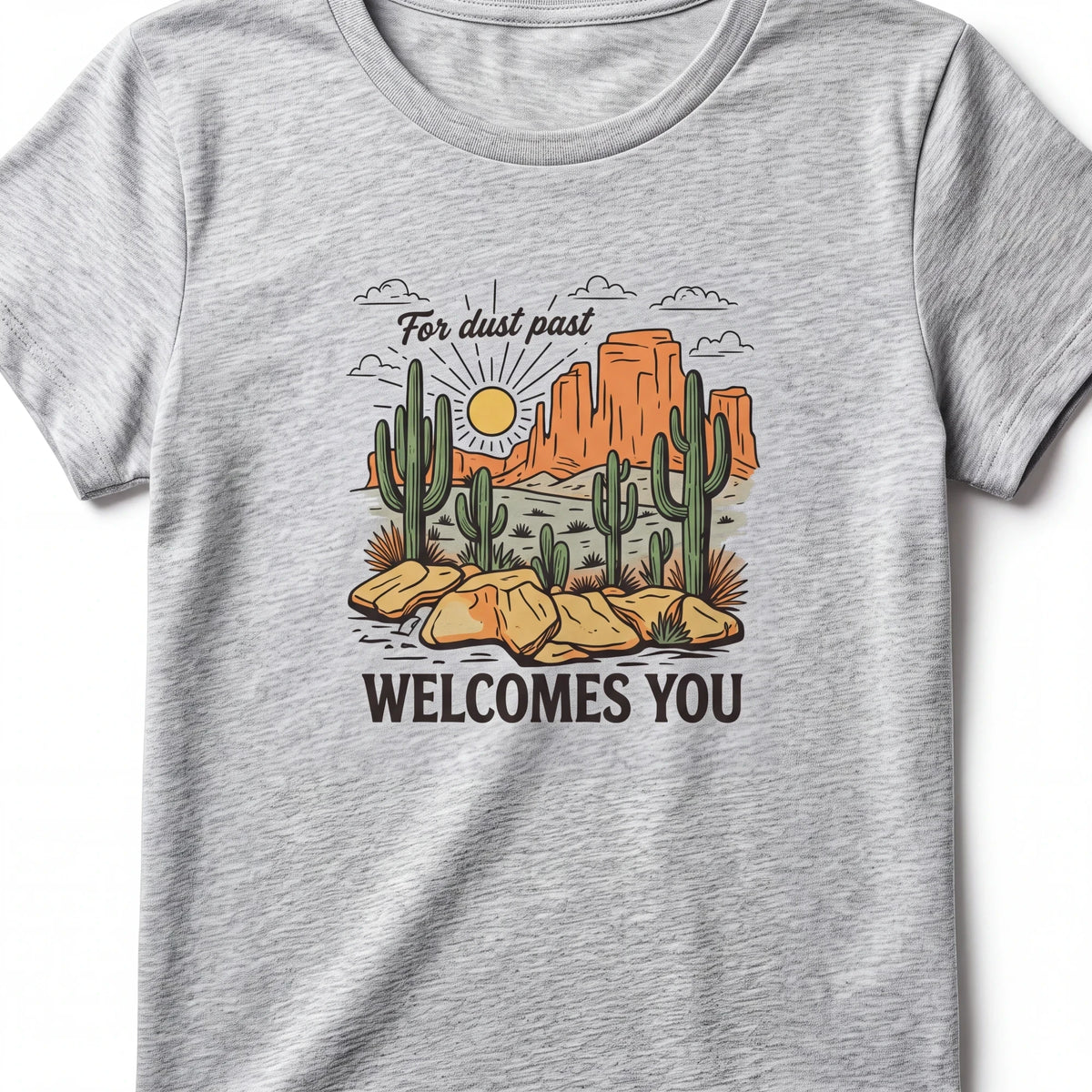 Spirit Warrior Provisions grey cotton t-shirt featuring a vintage Western desert graphic with cacti and mesas.