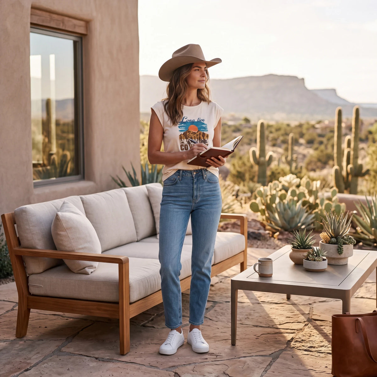 Spirit Warrior Provisions vintage-style graphic t-shirt with desert rodeo print worn by a woman in a cowboy hat
