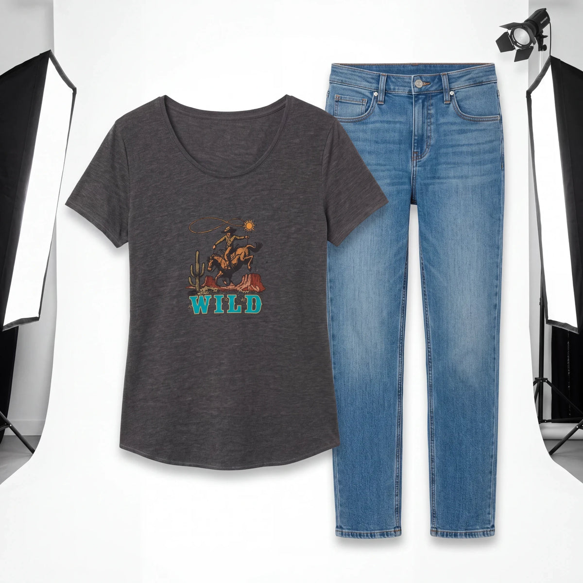 Spirit Warrior Provisions charcoal grey cotton t-shirt with retro Western rodeo graphic paired with blue denim jeans