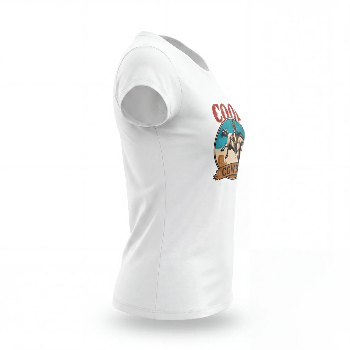 Spirit Warrior Provisions white cotton T-shirt featuring a rustic cowgirl rodeo desert graphic, side view