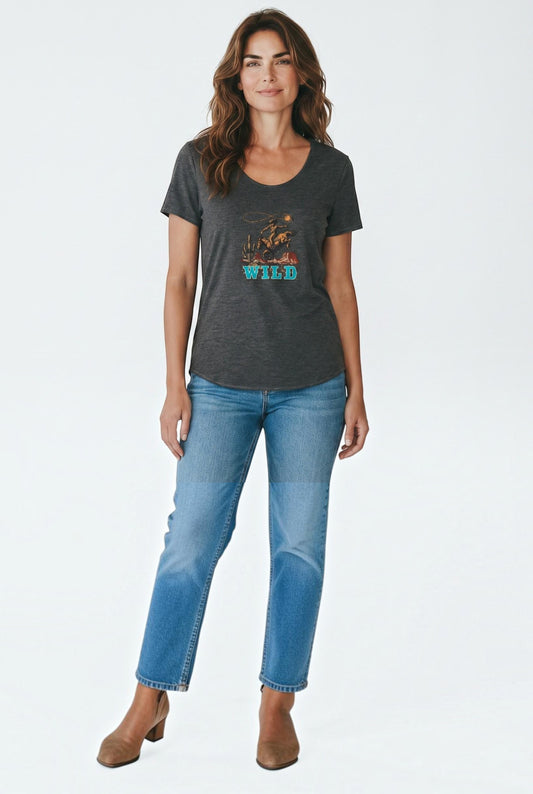 Spirit Warrior Provisions charcoal grey cotton t-shirt featuring a retro Western rodeo graphic with Wild text