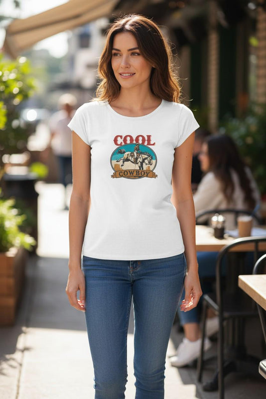 Spirit Warrior Provisions white cotton t-shirt featuring a vintage-style rodeo cowgirl graphic on a woman outdoors