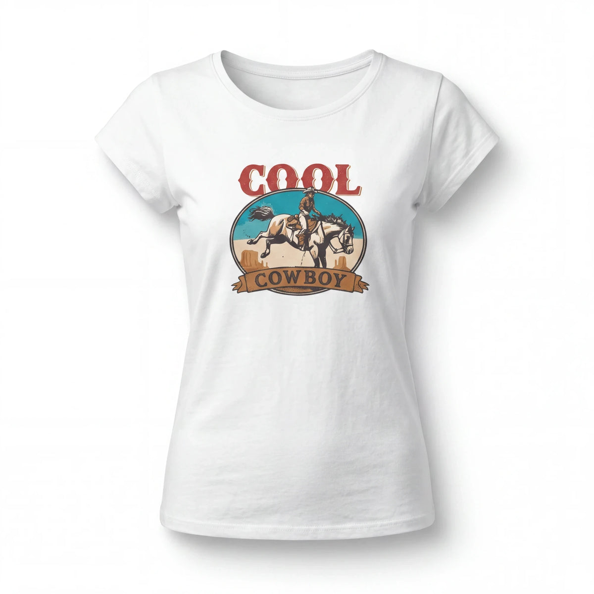 Spirit Warrior Provisions white cotton t-shirt featuring a vintage-style rodeo cowboy graphic on the front
